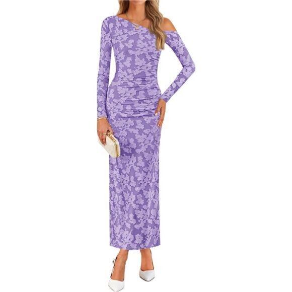 Women's Floral Off Shoulder Bodycon Maxi Dress Light Purple - Picture 1 of 6